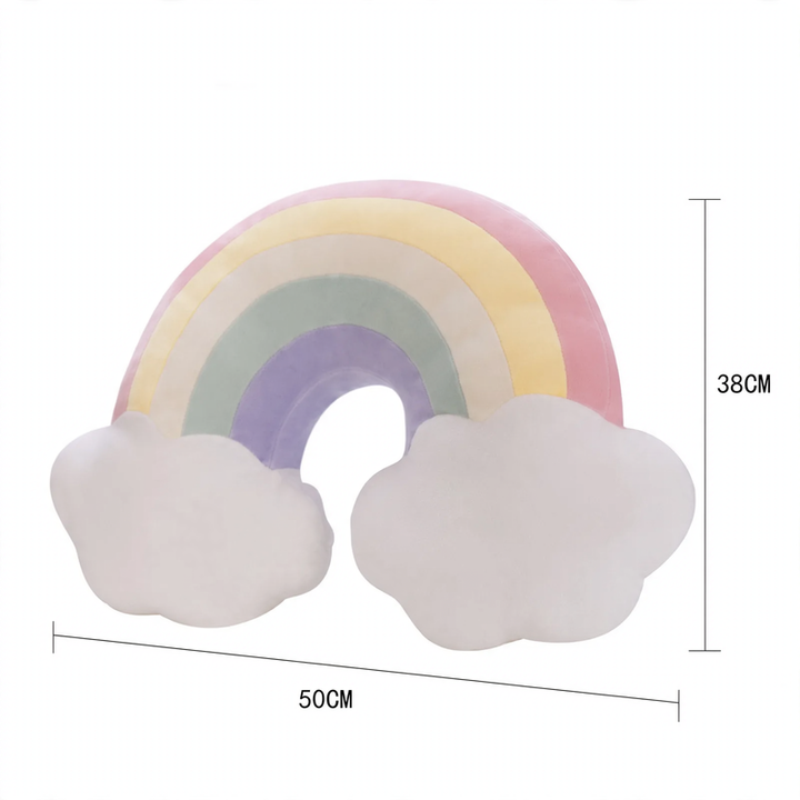 Plush pillow with star and rainbow motifs