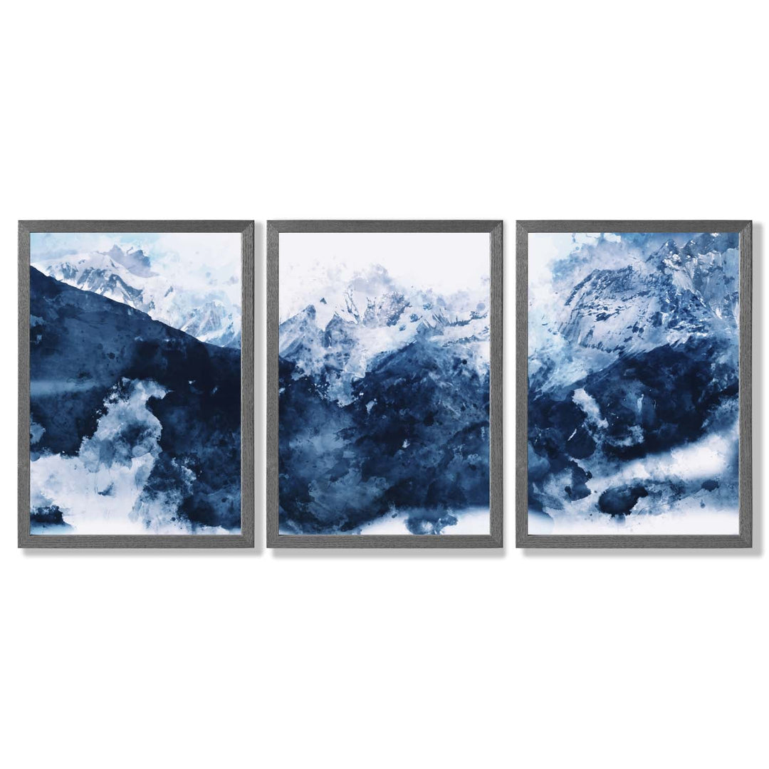 Abstract Navy Blue Mountains Set of 3 Framed Art Prints | Bowlift
