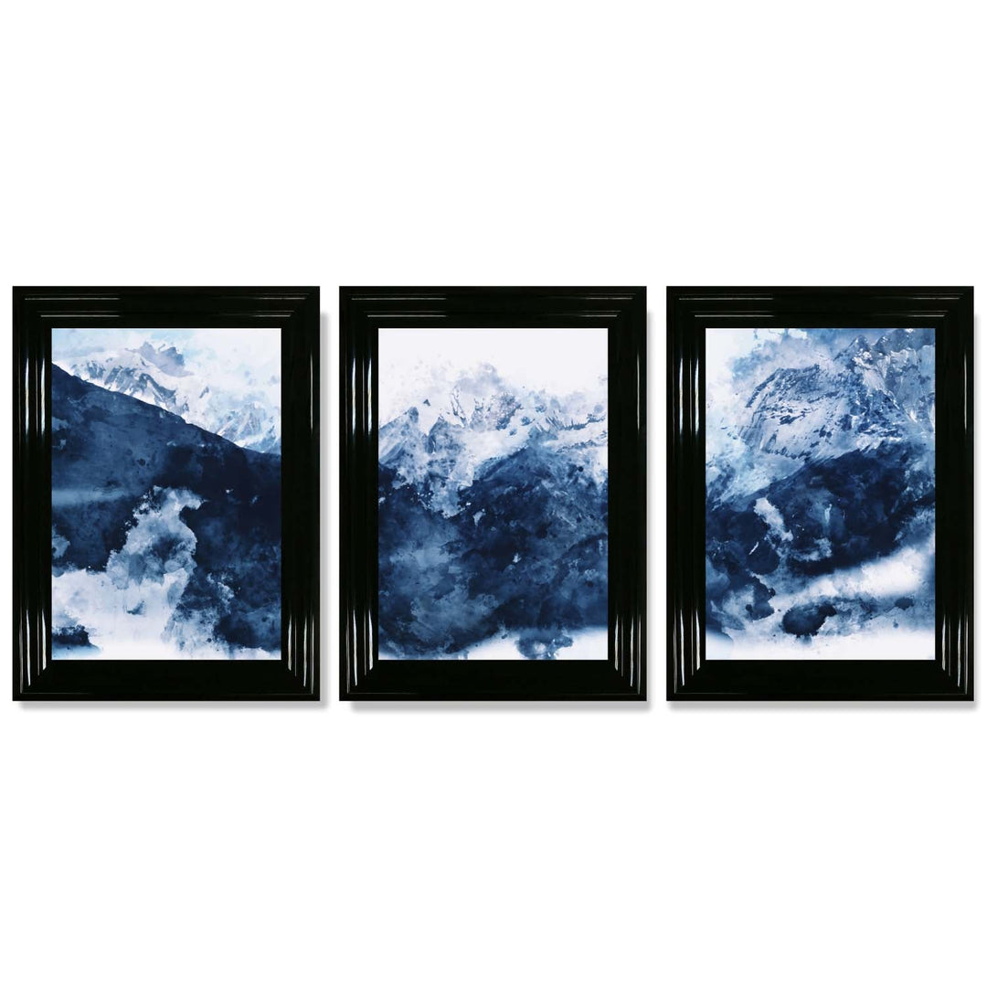Abstract Navy Blue Mountains Set of 3 Framed Art Prints | Bowlift
