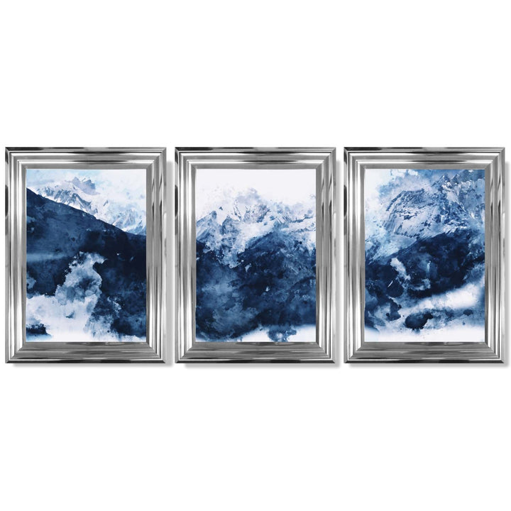 Abstract Navy Blue Mountains Set of 3 Framed Art Prints | Bowlift