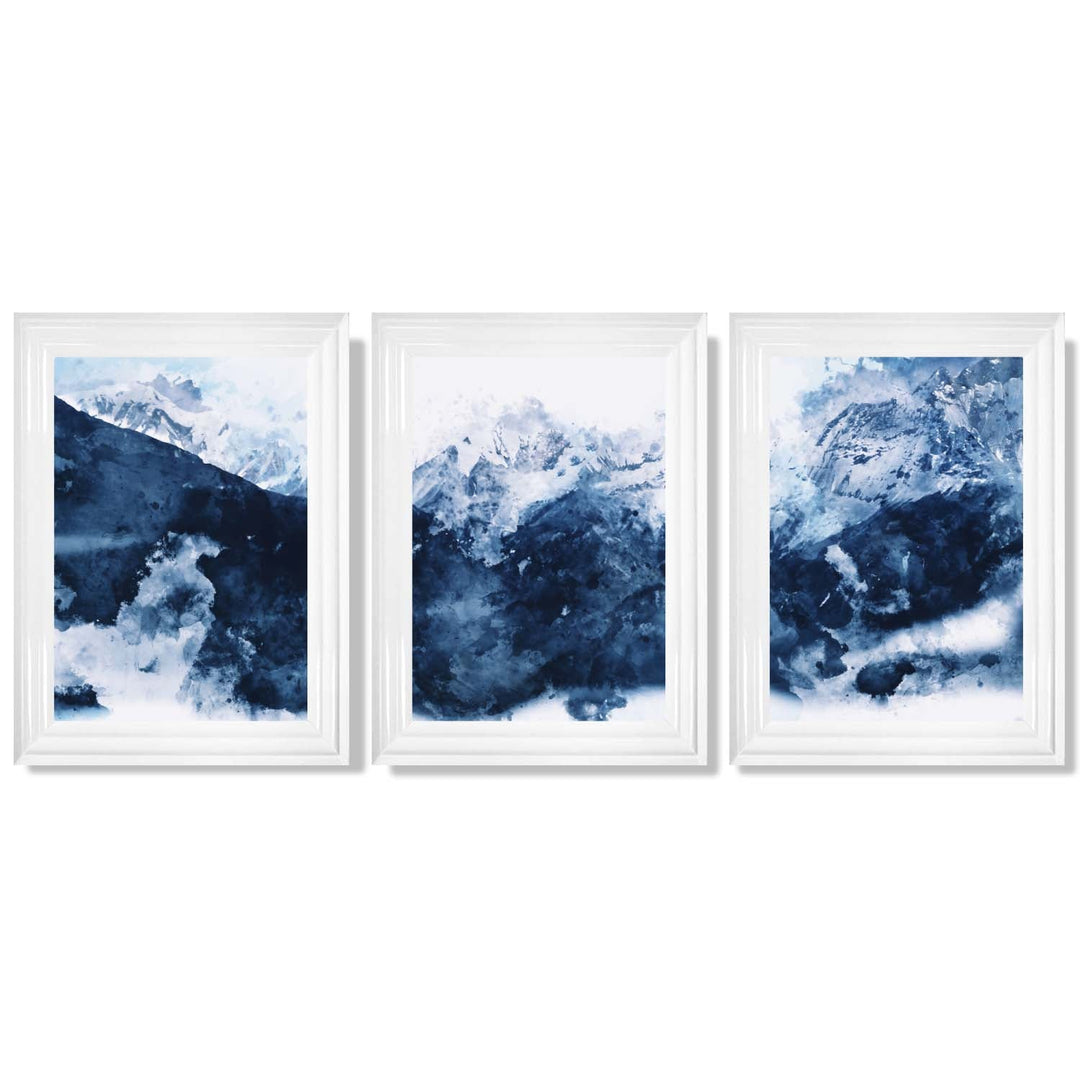 Abstract Navy Blue Mountains Set of 3 Framed Art Prints | Bowlift