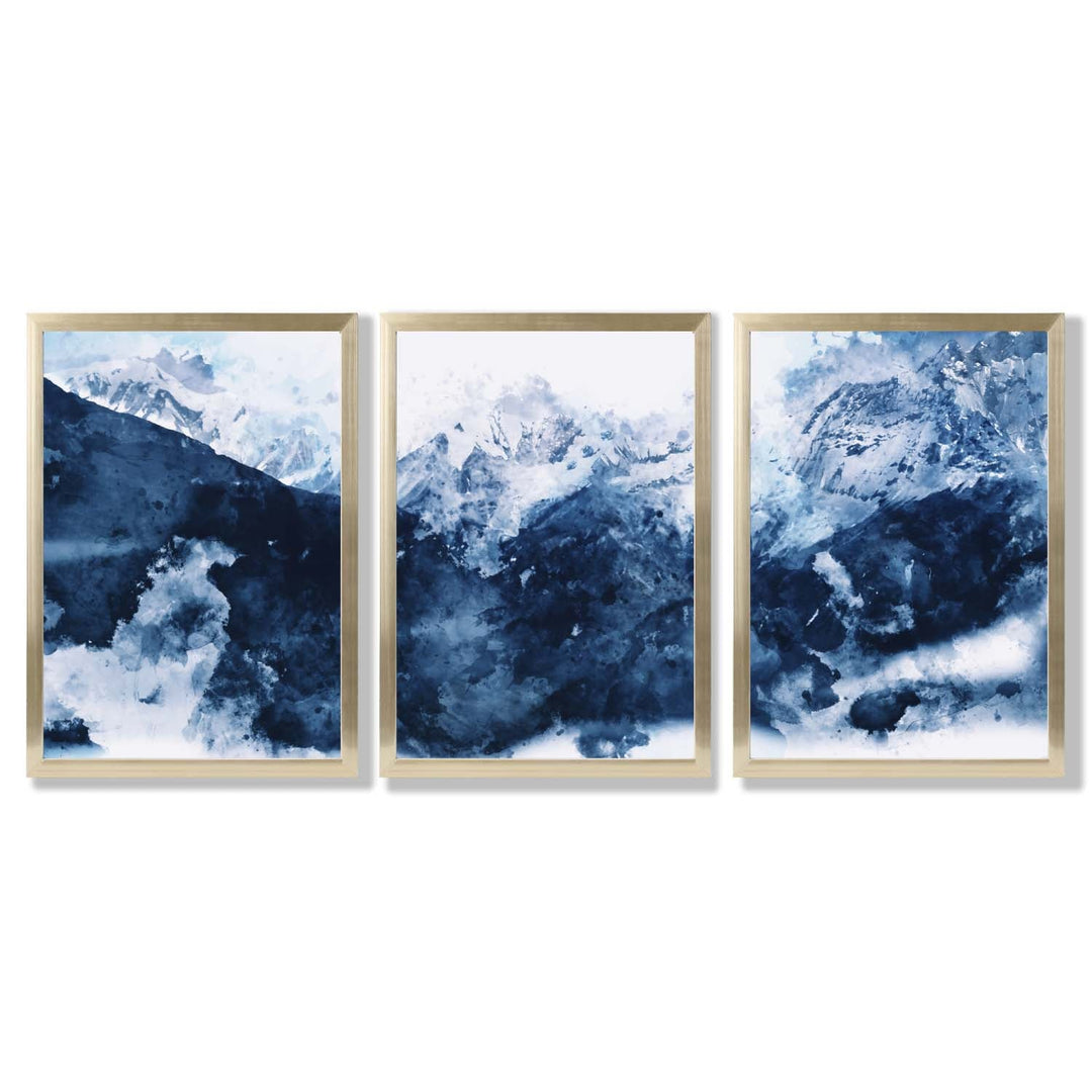 Abstract Navy Blue Mountains Set of 3 Framed Art Prints | Bowlift