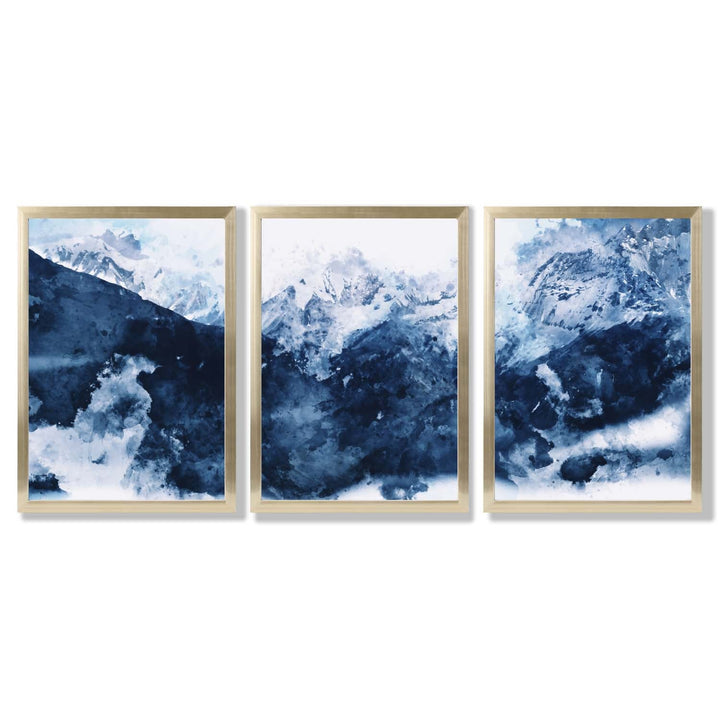 Abstract Navy Blue Mountains Set of 3 Framed Art Prints | Bowlift