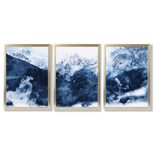 Abstract Navy Blue Mountains Set of 3 Framed Art Prints | Bowlift