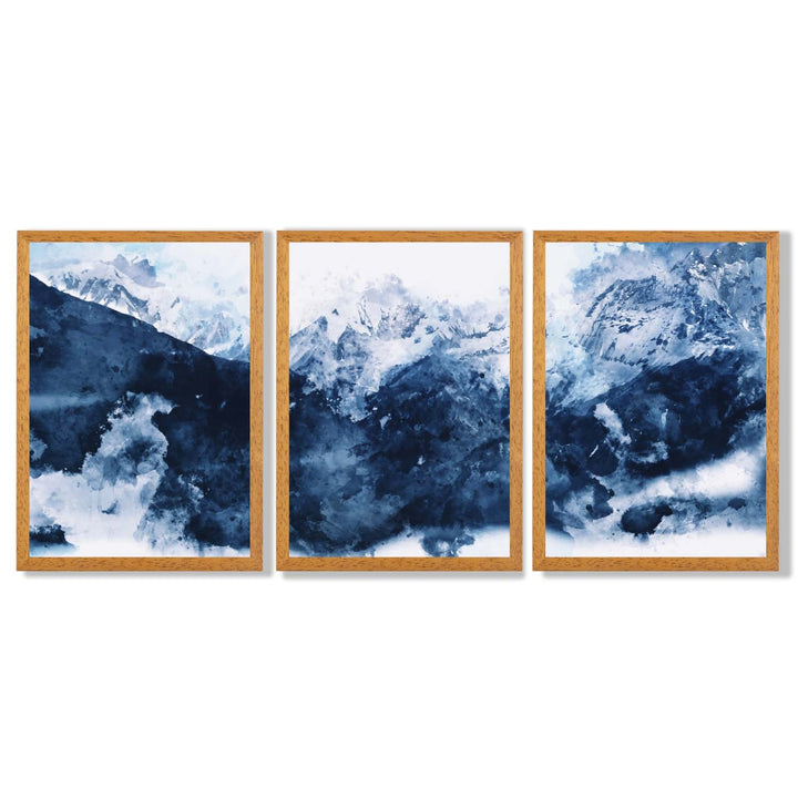 Abstract Navy Blue Mountains Set of 3 Framed Art Prints | Bowlift