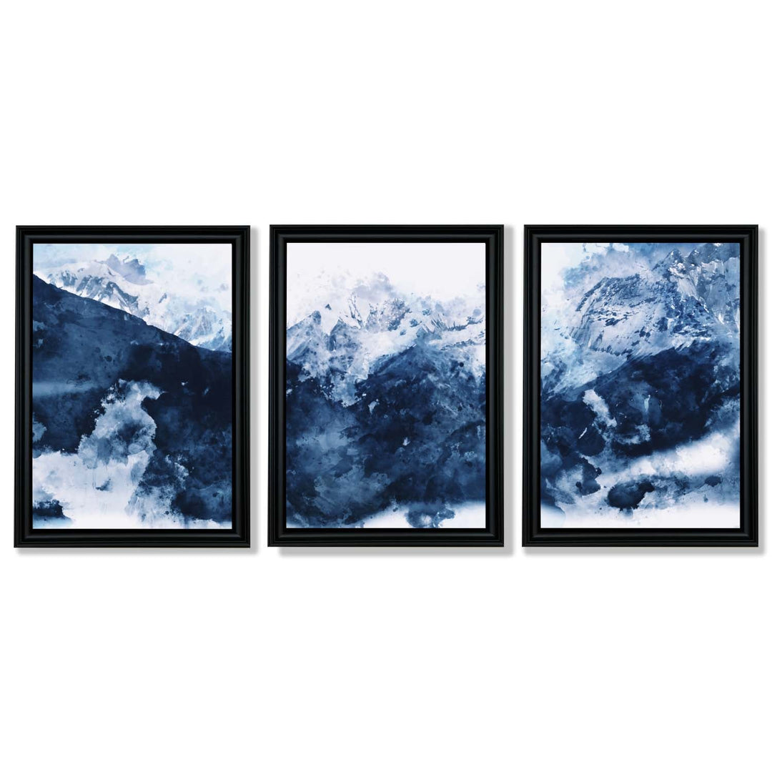 Abstract Navy Blue Mountains Set of 3 Framed Art Prints | Bowlift