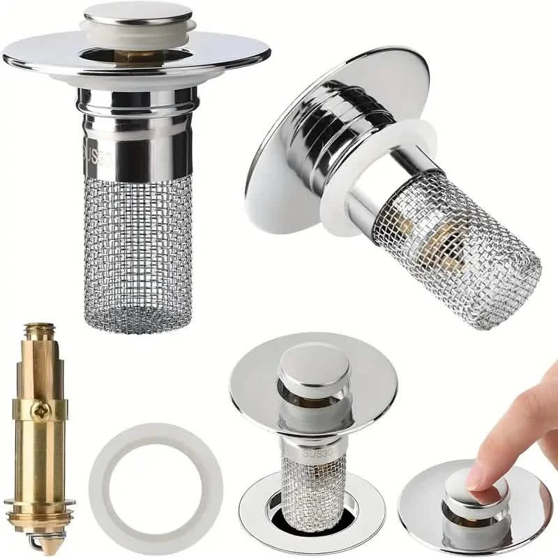 BowLift | 2-Pack: Pop-Up Wash Basin Plugs with Stainless Steel Strainer and Hair Strainer