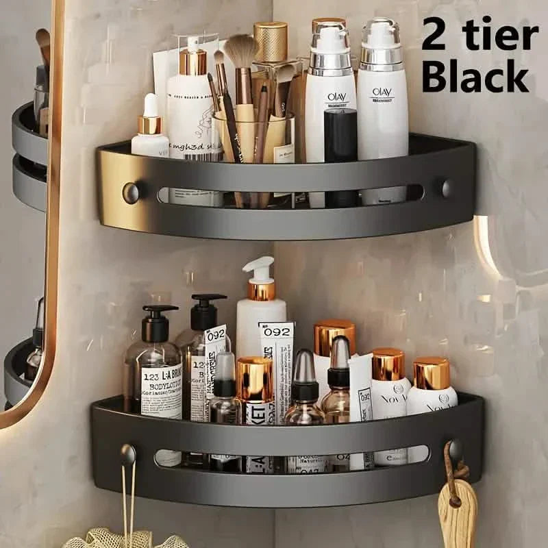 BowLift | 2-Tier: Stainless Steel Corner Shower Caddy, Adhesive Wall-Mounted Shower Shelves Without Drilling