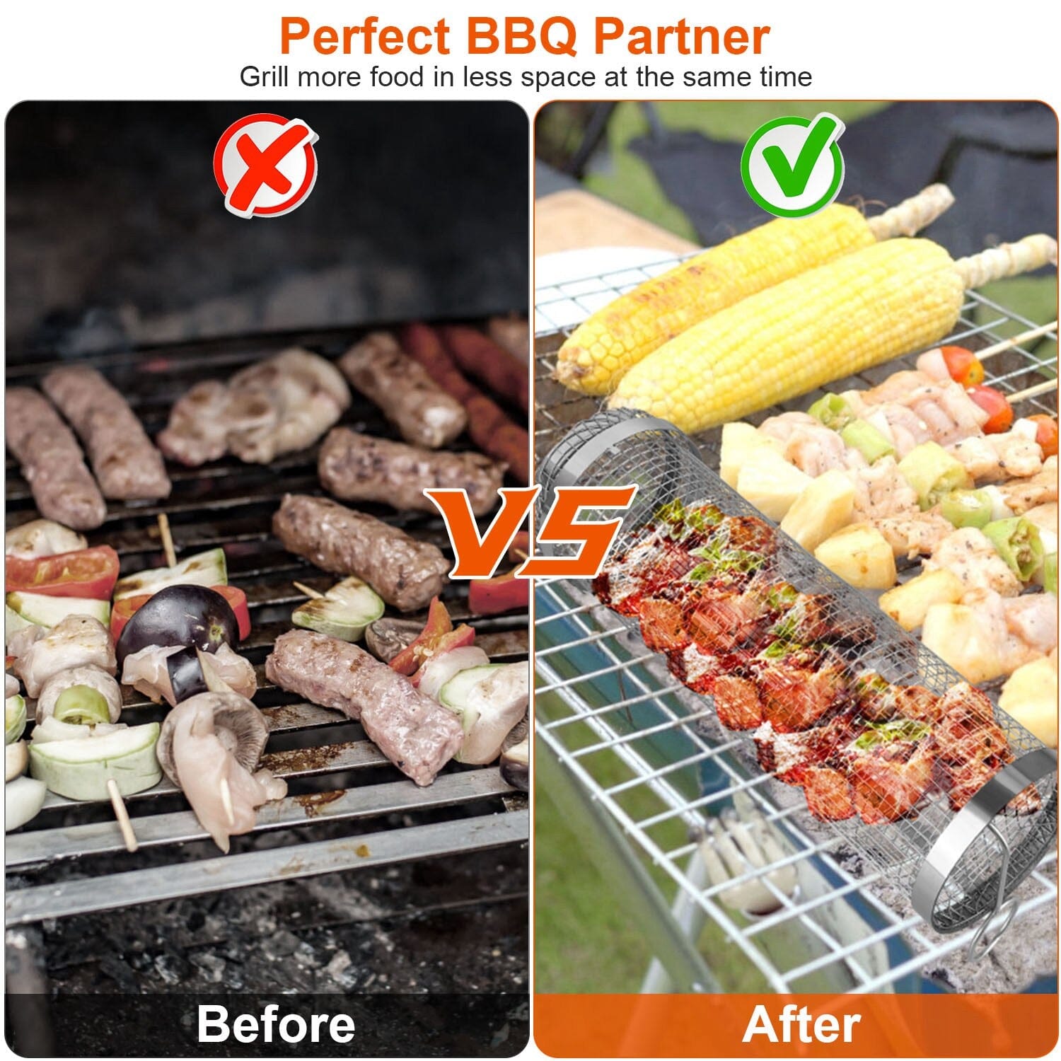 BowLift | 2-piece: Portable BBQ Rolling Basket Round Stainless Steel Grill
