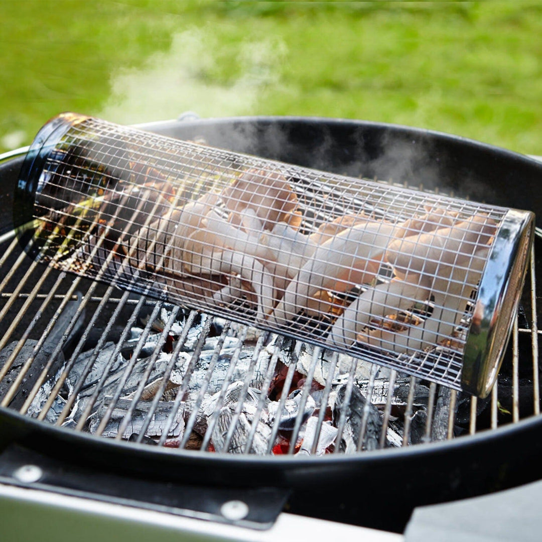 BowLift | 2-piece: Portable BBQ Rolling Basket Round Stainless Steel Grill