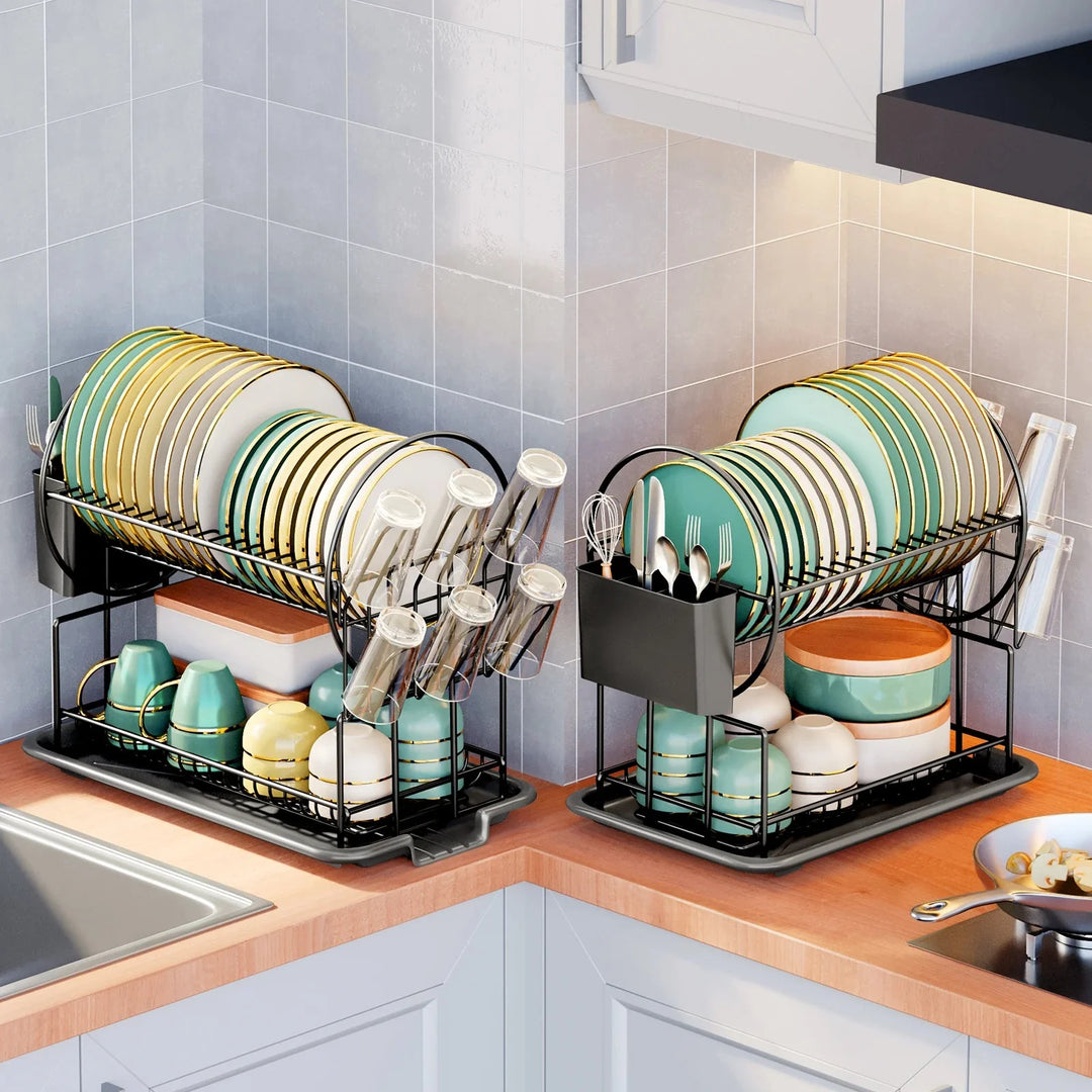 2 Tier Dish Drying Rack Drain Board Set Tableware Drainer Kitchen Rack | Bowlift