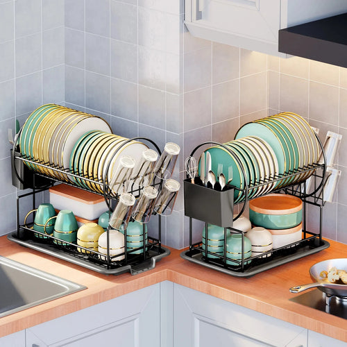 2 Tier Dish Drying Rack Drain Board Set Tableware Drainer Kitchen Rack | Bowlift