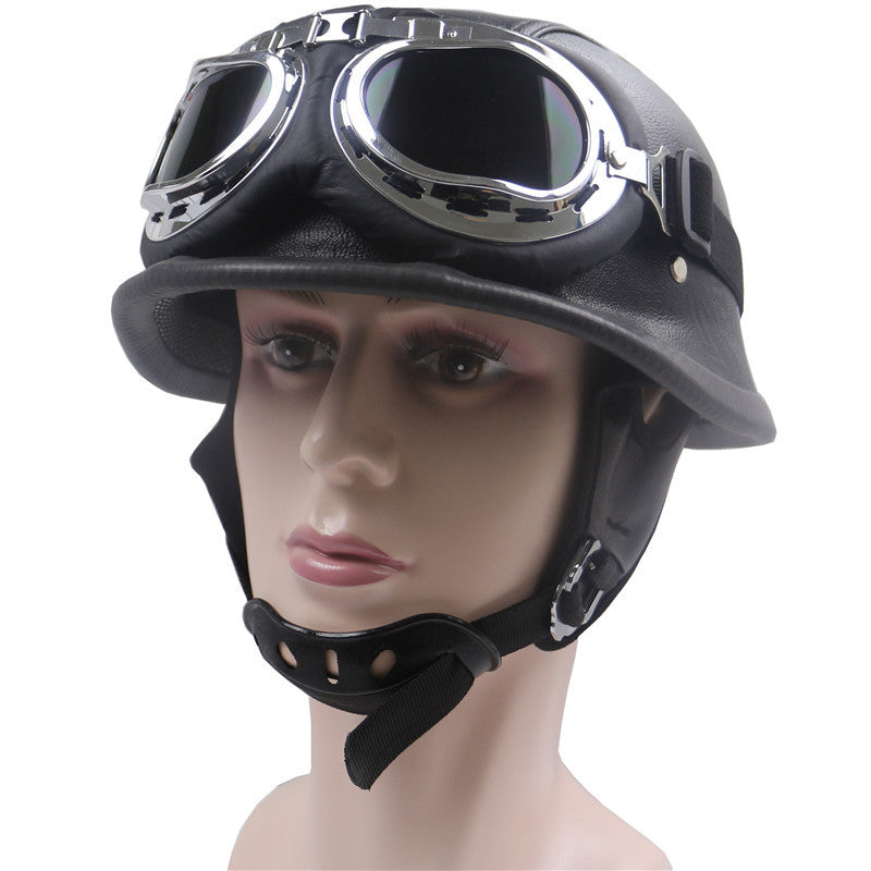 Vintage Leather Motorcycle Helmet with Chrome Goggles Bowlift