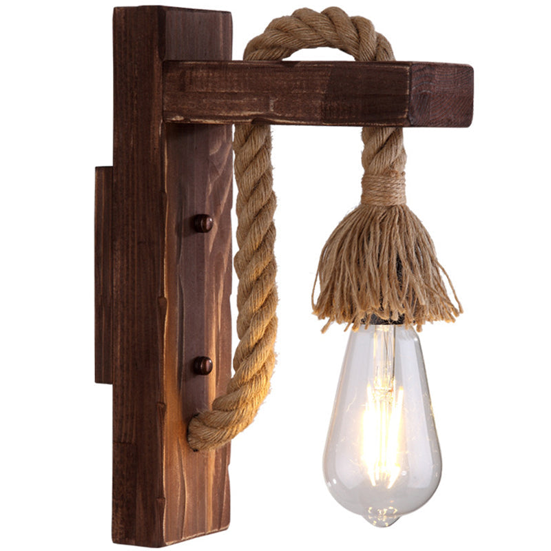 BowLift | Brown L-shaped wall-mounted lighting Rustic wood 1 light dining room wall light with hemp rope cable