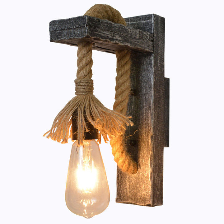 BowLift | Rope Gray Wall Hanging Lamp Bare Bulb 1 Light Industrial Style Wall Lighting Ideas with Wood L-Arm