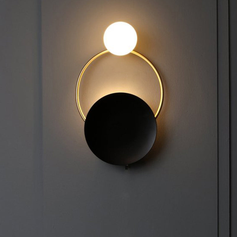 BowLift | Metal Planet Wall Mounted Lamp Modernism 1 Light Black Finish Opal Glass Wall Lamp Fixture