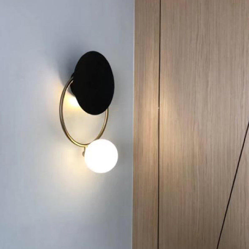 BowLift | Metal Planet Wall Mounted Lamp Modernism 1 Light Black Finish Opal Glass Wall Lamp Fixture