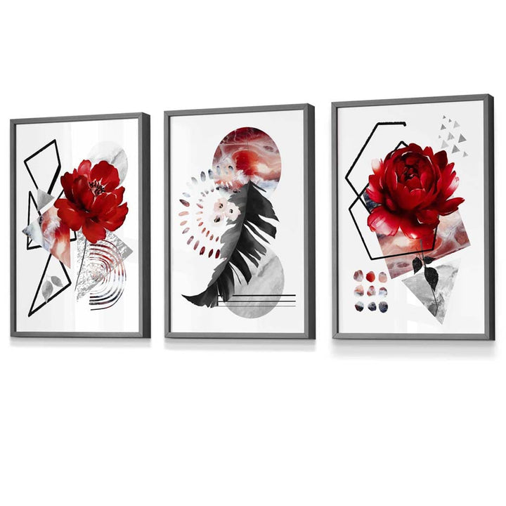 Abstract red and black botanical set of 3 framed wall artworks | Bowlift