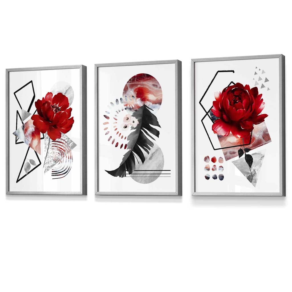 Abstract red and black botanical set of 3 framed wall artworks | Bowlift