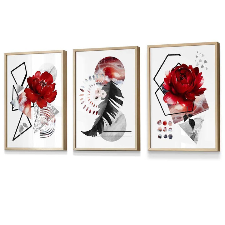 Abstract red and black botanical set of 3 framed wall artworks | Bowlift