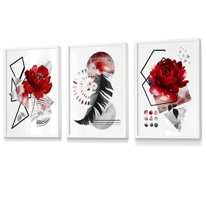 Abstract red and black botanical set of 3 framed wall artworks | Bowlift