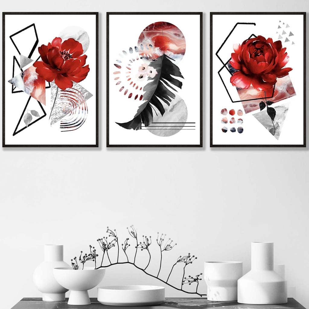 Abstract red and black botanical set of 3 framed wall artworks | Bowlift