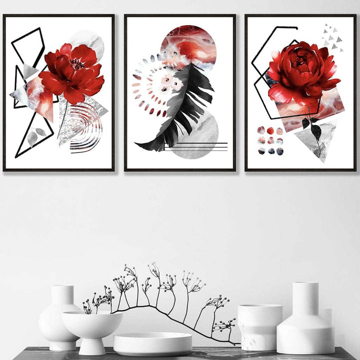 Abstract red and black botanical set of 3 framed wall artworks | Bowlift