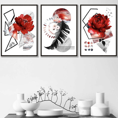 Abstract red and black botanical set of 3 framed wall artworks | Bowlift