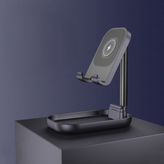 BowLift | Foldable and Adjustable Phone Holder with 10W Wireless Fast Charge, Up to 25.8cm, Lamp, Non-slip Panel, Mini Shelf, Suitable for Phones and Tablets