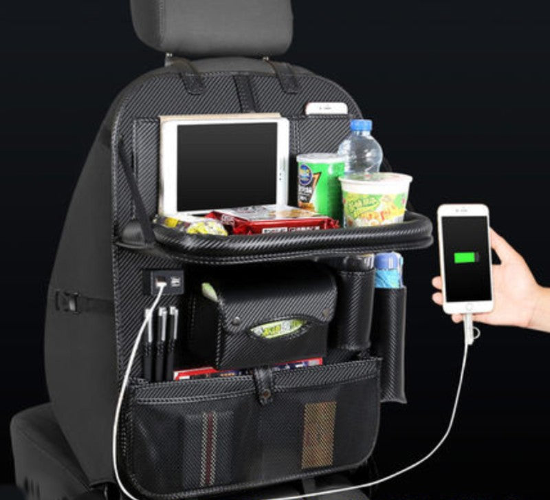 BowLift | Multifunctional Car Seat Back Large Capacity Storage Bag with 4 USB Charging Ports, Retractable Tray, Tablet Holder, Tissue Storage, Cup Holder, Large Storage Bag and More