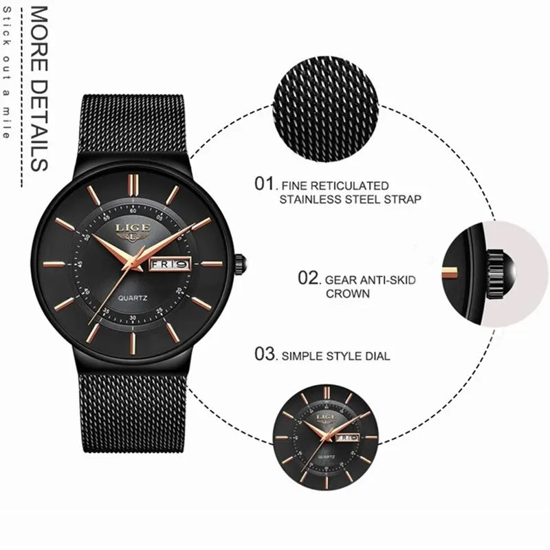 BowLift | Luxury Men’s Ultra-Thin Waterproof Stainless Steel Quartz Watch – Elegant Date Display Sports Wristwatch