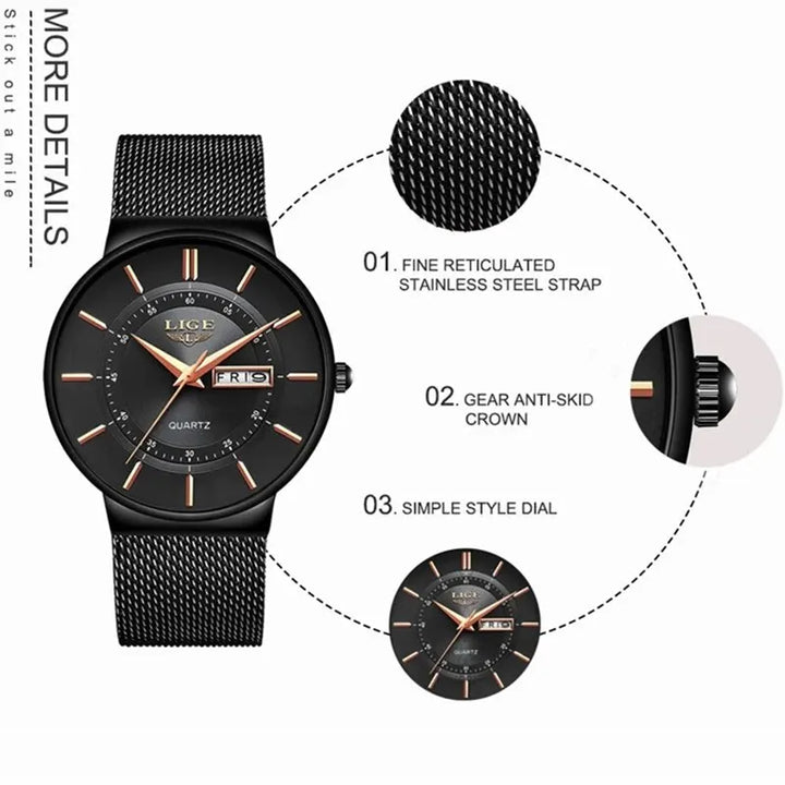 BowLift | Luxury Men’s Ultra-Thin Waterproof Stainless Steel Quartz Watch – Elegant Date Display Sports Wristwatch