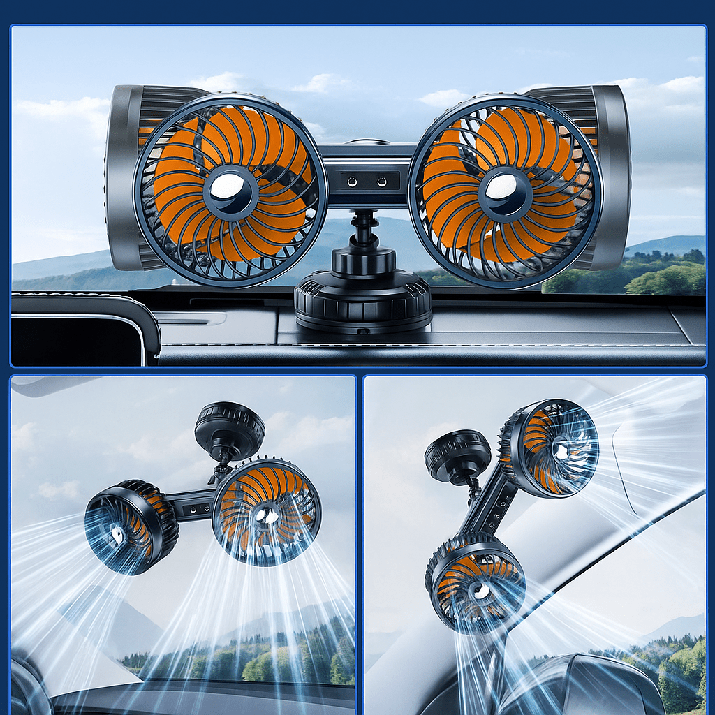 Double Head Car Fan with Suction Cup and Battery | Bowlift