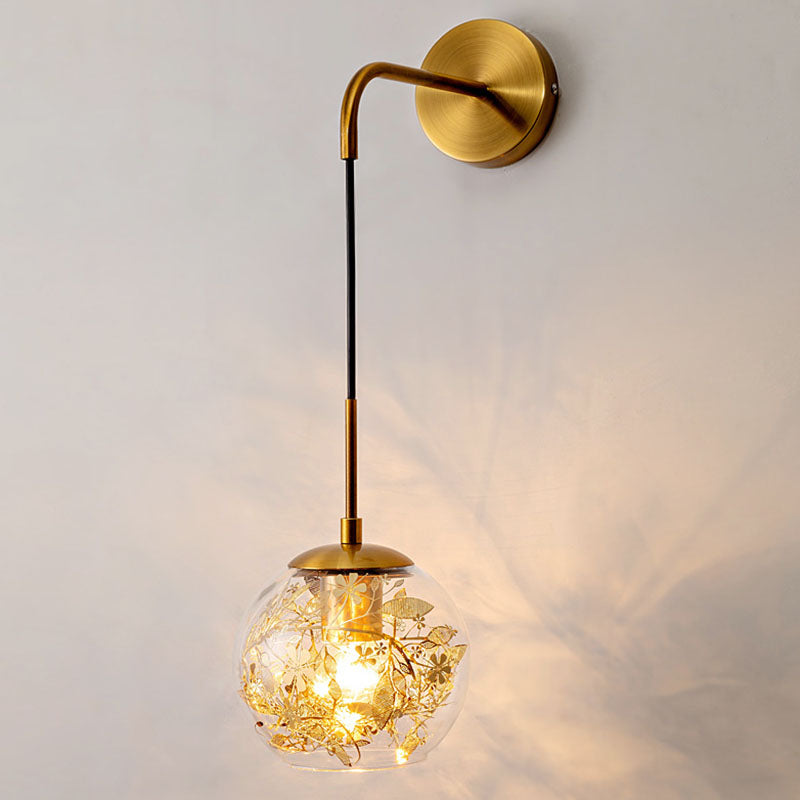 BowLift | Clear Glass Bubble Wall Lamp Contemporary 1-Light Wall Mounted Lamp with Foil Flower Decor