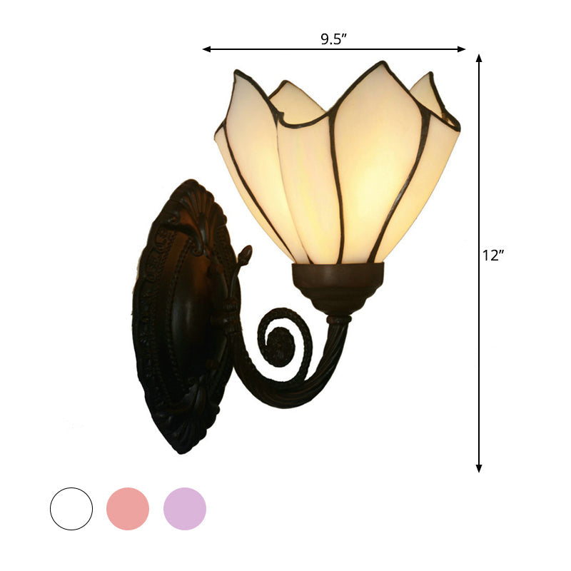 BowLift | Handcrafted Glass Flowers Wall Light Mediterranean 1 Bulb Black Wall Mounted Lamp with Curved Arm