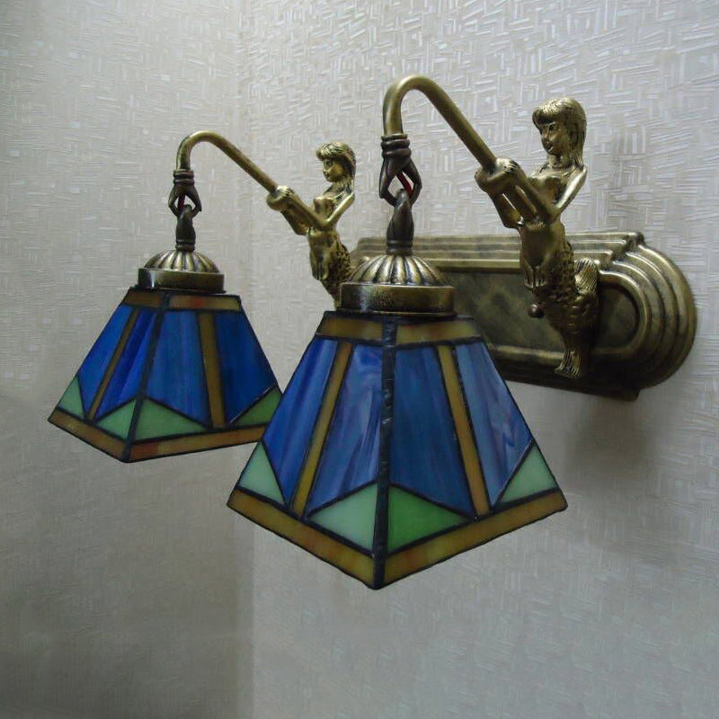 BowLift | Trapezium Wall Mount Lamp Fixture Tiffany Bronze Cut Glass Wall Lighting with Mermaid Arm