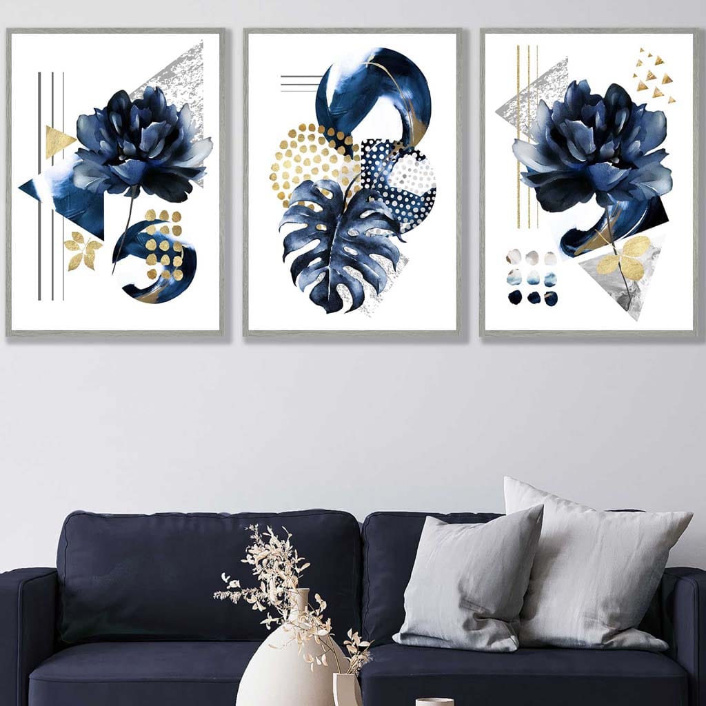 Abstract geometric floral navy blue and gold set of 3 wall art prints | Bowlift