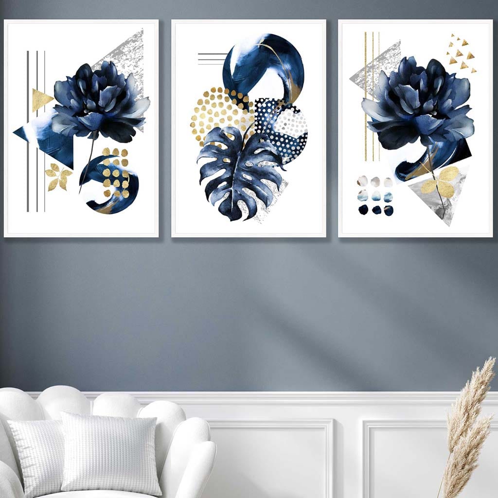 Abstract geometric floral navy blue and gold set of 3 wall art prints | Bowlift