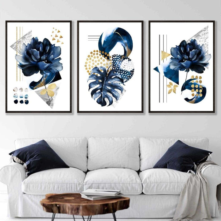Abstract Marine and Gold Botanical Set of 3 Framed Wall Art Prints | Bowlift
