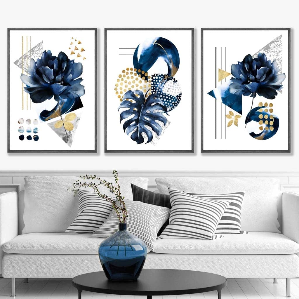 Abstract geometric floral navy blue and gold set of 3 wall art prints | Bowlift