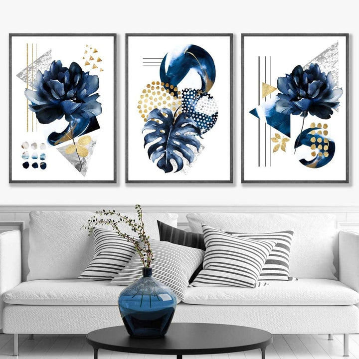Abstract geometric floral navy blue and gold set of 3 wall art prints | Bowlift