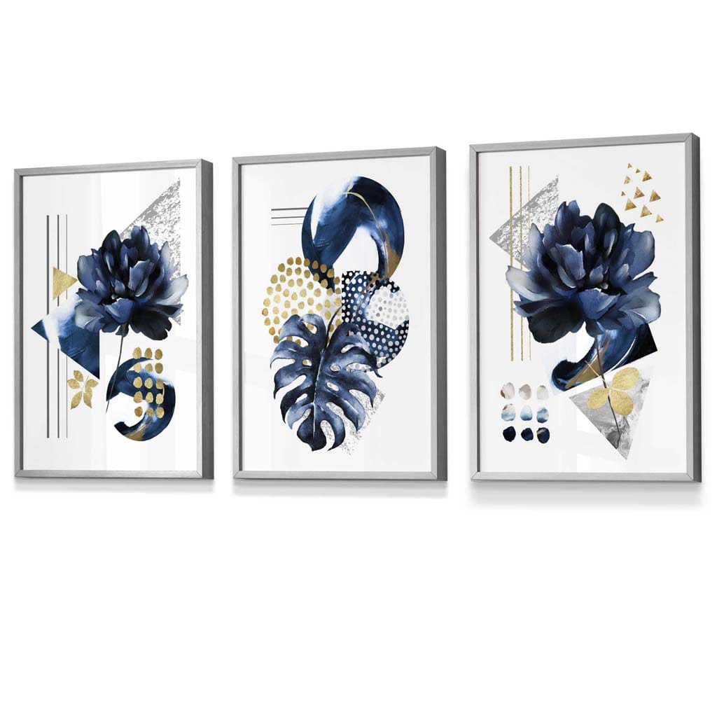Abstract Marine and Gold Botanical Set of 3 Framed Wall Art Prints | Bowlift