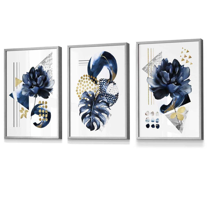 Abstract Marine and Gold Botanical Set of 3 Framed Wall Art Prints | Bowlift