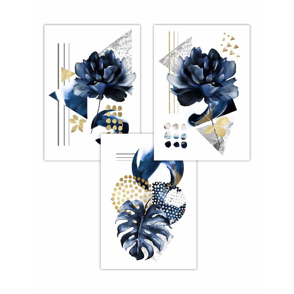 Abstract geometric floral navy blue and gold set of 3 wall art prints | Bowlift