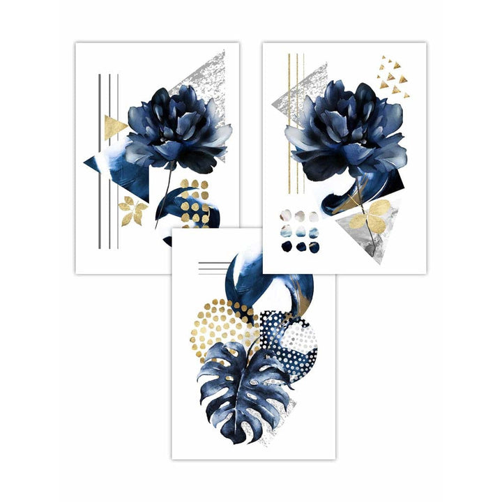 Abstract geometric floral navy blue and gold set of 3 wall art prints | Bowlift
