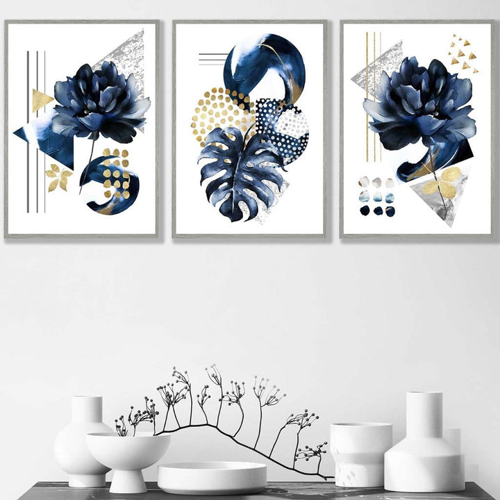 Abstract geometric floral navy blue and gold set of 3 wall art prints | Bowlift