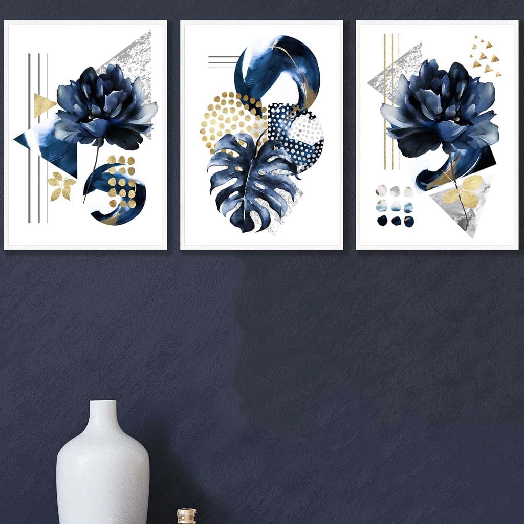 Abstract geometric floral navy blue and gold set of 3 wall art prints | Bowlift