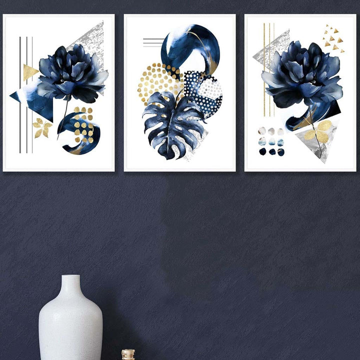 Abstract geometric floral navy blue and gold set of 3 wall art prints | Bowlift