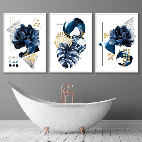 Abstract Marine and Gold Botanical Set of 3 Framed Wall Art Prints | Bowlift
