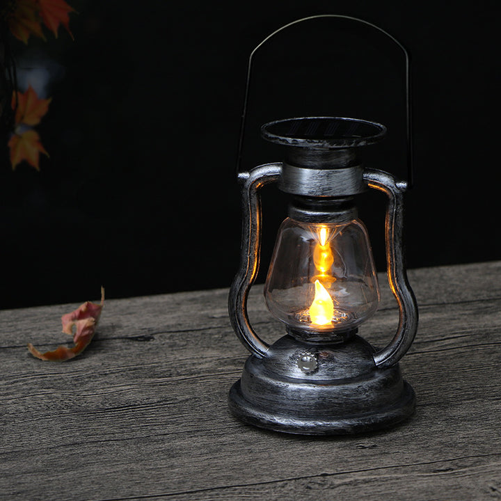 Vintage Style Solar LED Hurricane Lantern With Glass Chimney And Metal Handle Bowlift
